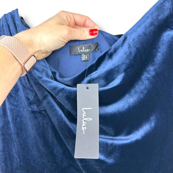 Lulus NWT Coveted Confidence Navy Blue Velvet Asymmetrical Maxi Dress Small - Picture 9 of 10